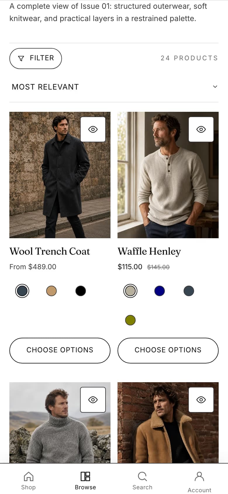 Mercer collection scrolled to the filters and product grid on mobile