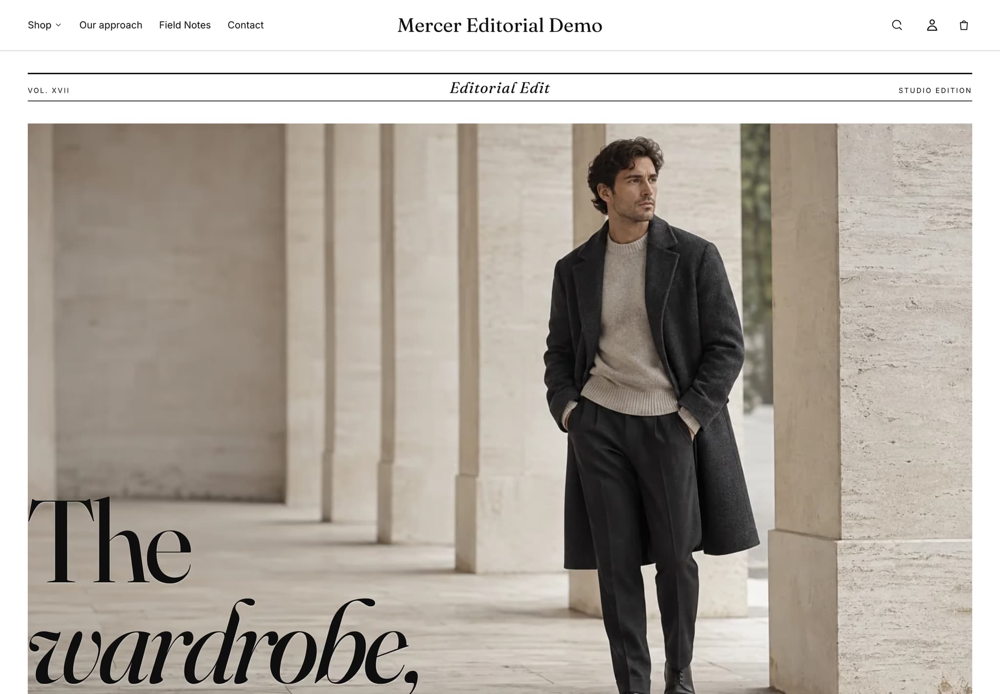 Mercer demo home page with the Editorial Edit masthead and fashion photography
