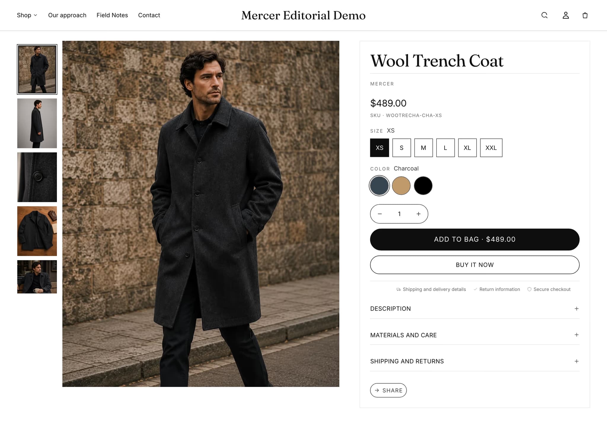 Mercer product page with a coat gallery, sizes, color swatches and Add to bag button